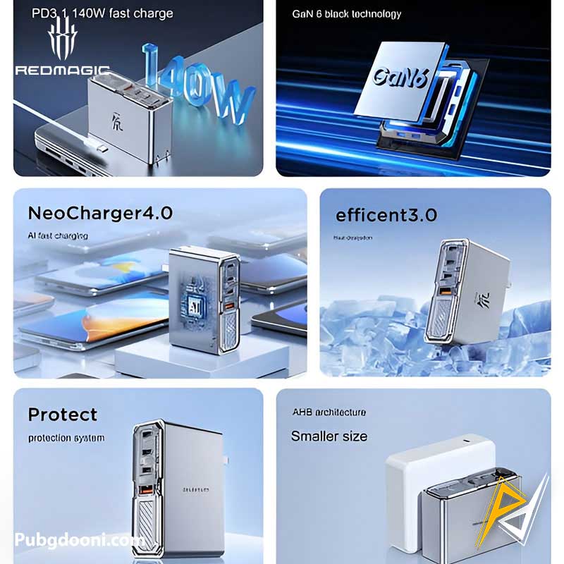 redmagic-dao-140w-quad-port-gan6-pro-charger-4 ارزان ترین قیمت خرید آداپتور فست شارژ 140W ردمجیک RedMagic DAO 140W Gan6 Pro Charger اورجینال